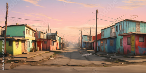 A street in an old, poor city district, an abandoned town with shabby, multi-colored houses and buildings.