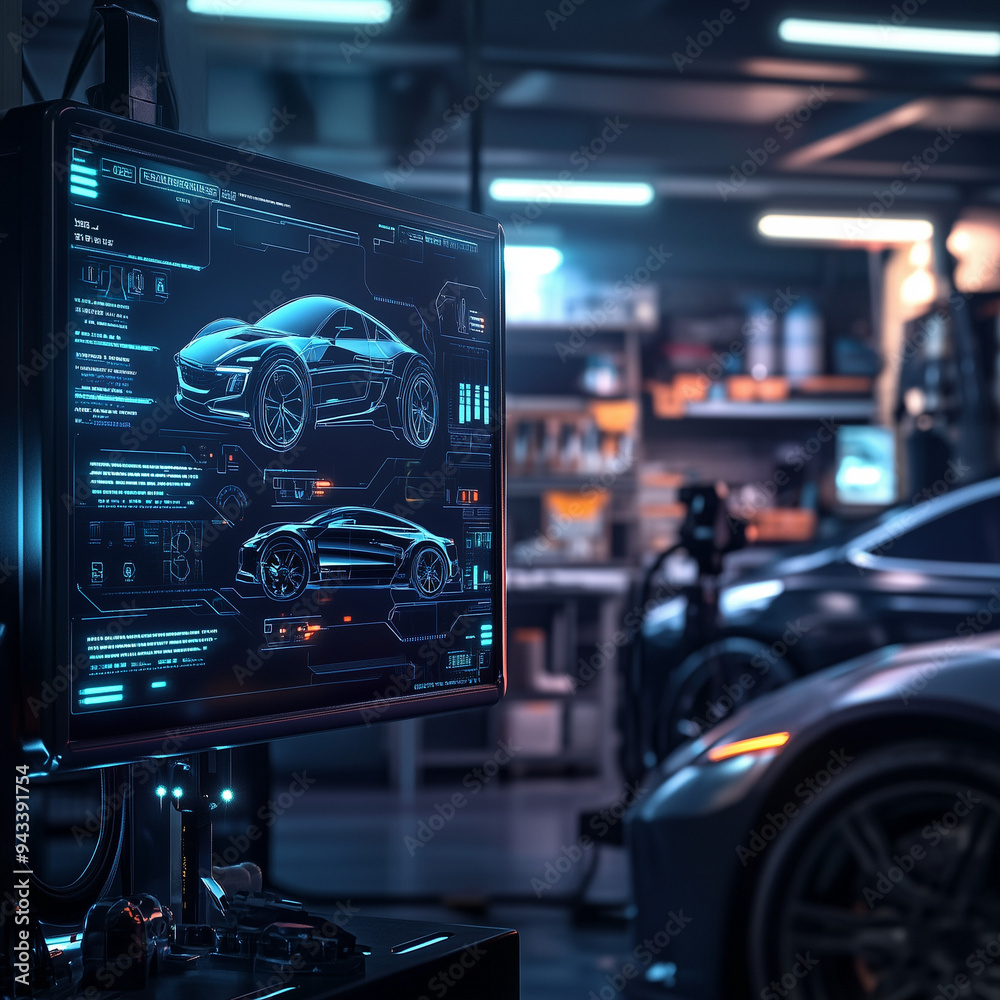 The concept of future smart car garage depicted through an AI interface The concept of future smart car garage depicted through an AI interface