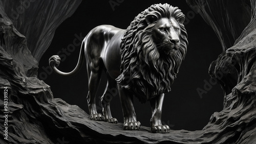 Elegant metallic lion sculpture with intricate details in a mesmerizing fantasy art style. photo