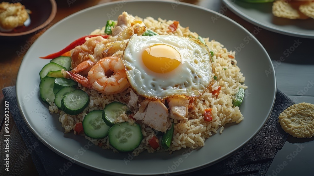 Fried rice or Nasi Goreng with Shrimp, Chicken, Egg Topping and Prawn Crackers
Fried rice or Nasi Goreng with Shrimp, Chicken, Egg Topping and Prawn Crackers