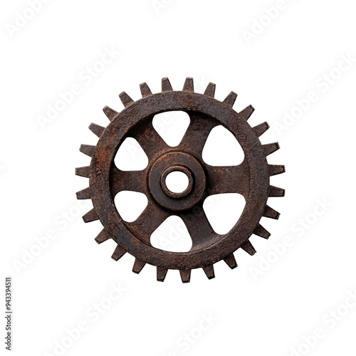 Close-up of a rusty gear showcasing intricate details and a vintage aesthetic, ideal for industrial or mechanical themes.