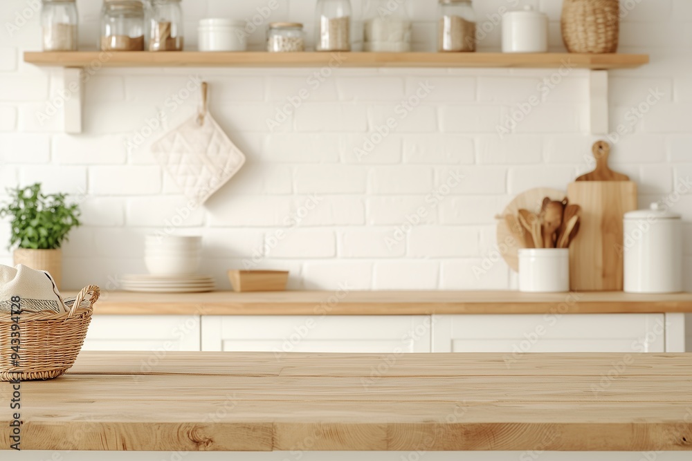 Empty tabletop over defocused kitchen with copy space. Empty tabletop over defocused kitchen with copy space.