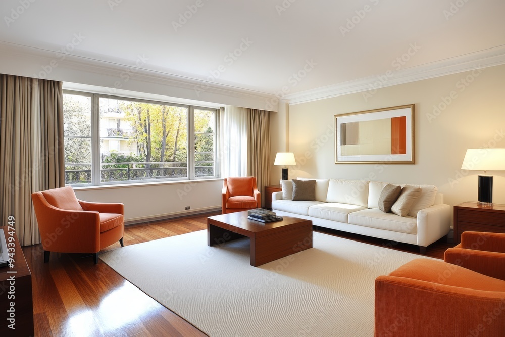 Stylish Contemporary Living Room with Modern Art and Orange Armchairs Stylish Contemporary Living Room with Modern Art and Orange Armchairs