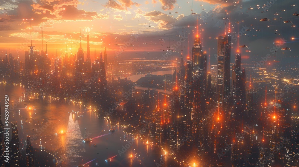 Fototapeta premium Futuristic Cityscape at Sunset Generative AI