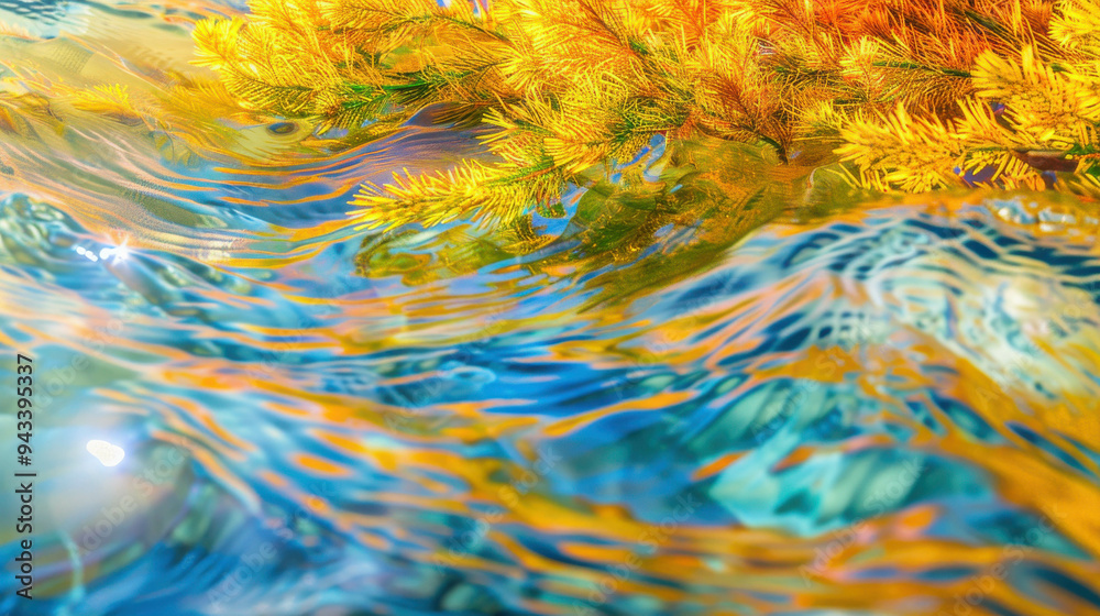 Obraz premium Vibrant close-up of a water surface reflecting yellow aquatic plants, creating a mesmerizing blend of colors and ripples.