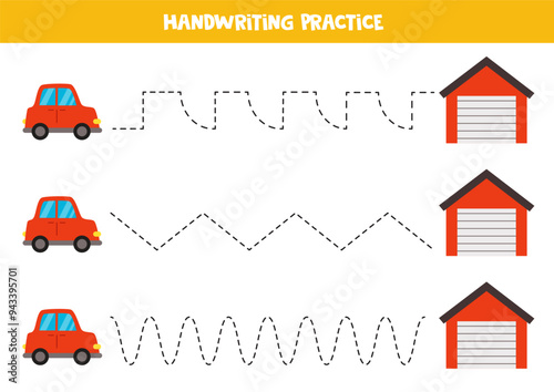 Tracing lines for kids. Cartoon red cars and garages. Handwriting practice for children.