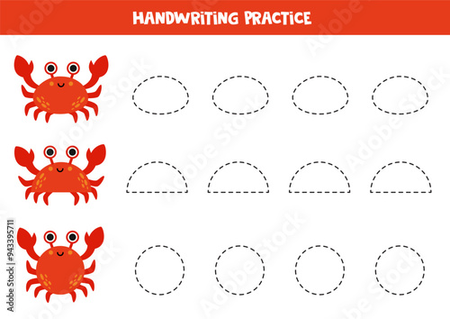 Tracing contours of red geometrical crabs. Writing practice.
