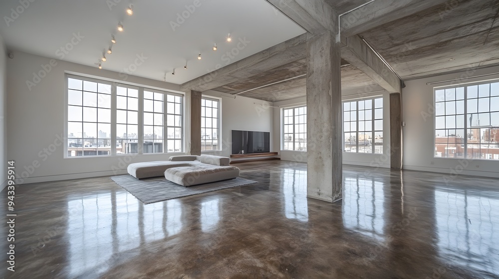 Fototapeta premium Empty spacious condominium with elevated ceilings, modern materials, and open floor plan, ideal for showcasing design options.