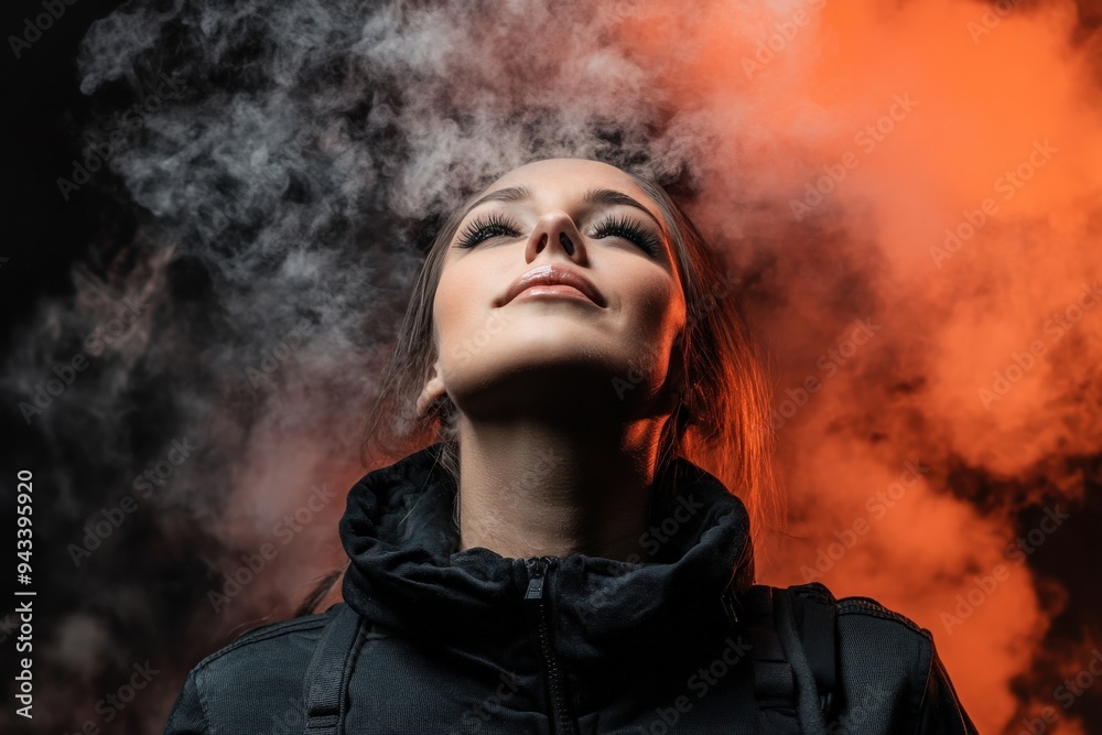 This striking image depicts an individual standing among swirling smoke illuminated with orange light, evoking a sense of mystery and drama, with a modern urban feel. This striking image depicts an individual standing among swirling smoke illuminated with orange light, evoking a sense of mystery and drama, with a modern urban feel.