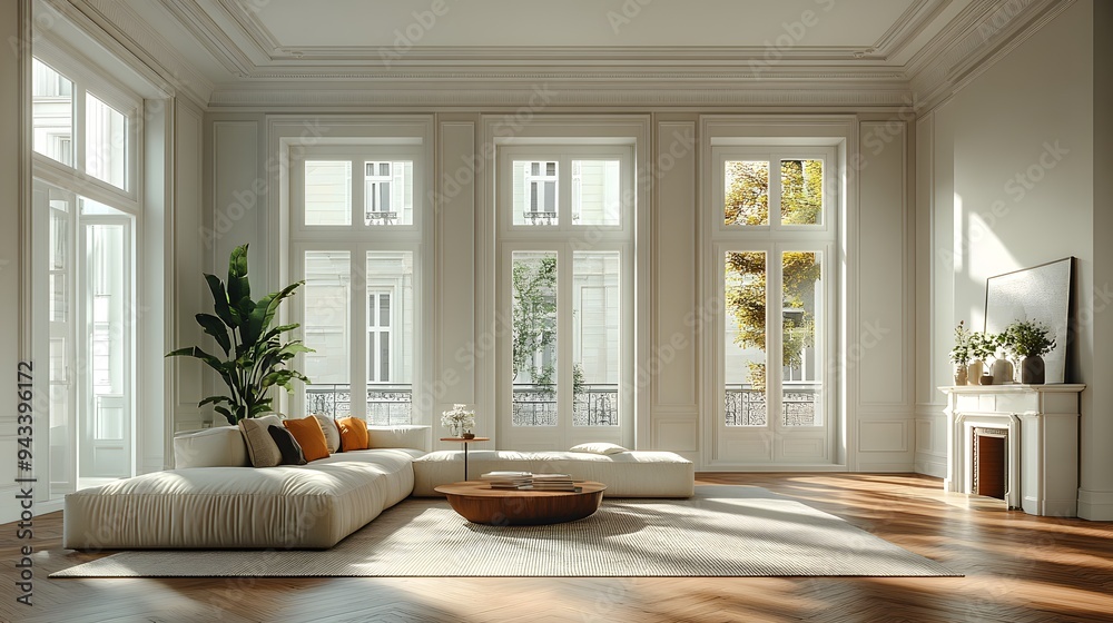 Elegant empty apartment with high ceilings, modern details, and bright ... - Contemporary Apartment Design For Small Spaces With High Ceilings