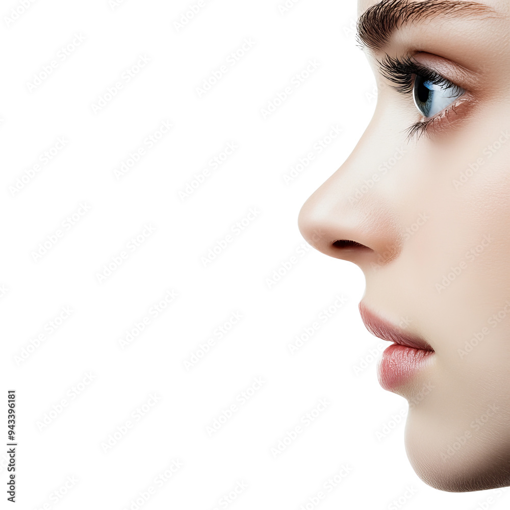 Elegant profile of a young woman showcasing smooth skin and striking features against a minimal background. Elegant profile of a young woman showcasing smooth skin and striking features against a minimal background.