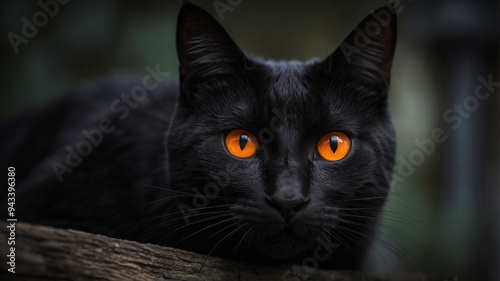 A striking black cat with vibrant orange eyes gazes intently amidst a dark, blurry forest background.