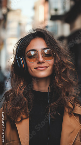 A woman with headphones listens to music outside.