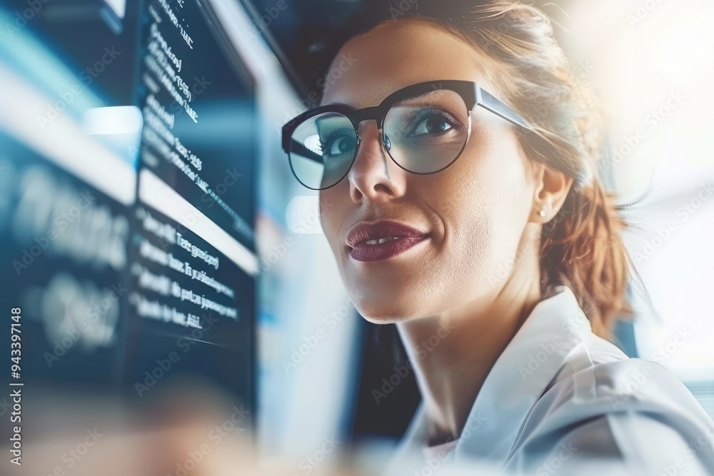 A woman wearing glasses intently looks at a computer screen, likely reviewing code or discussing AI solutions with her team A woman wearing glasses intently looks at a computer screen, likely reviewing code or discussing AI solutions with her team