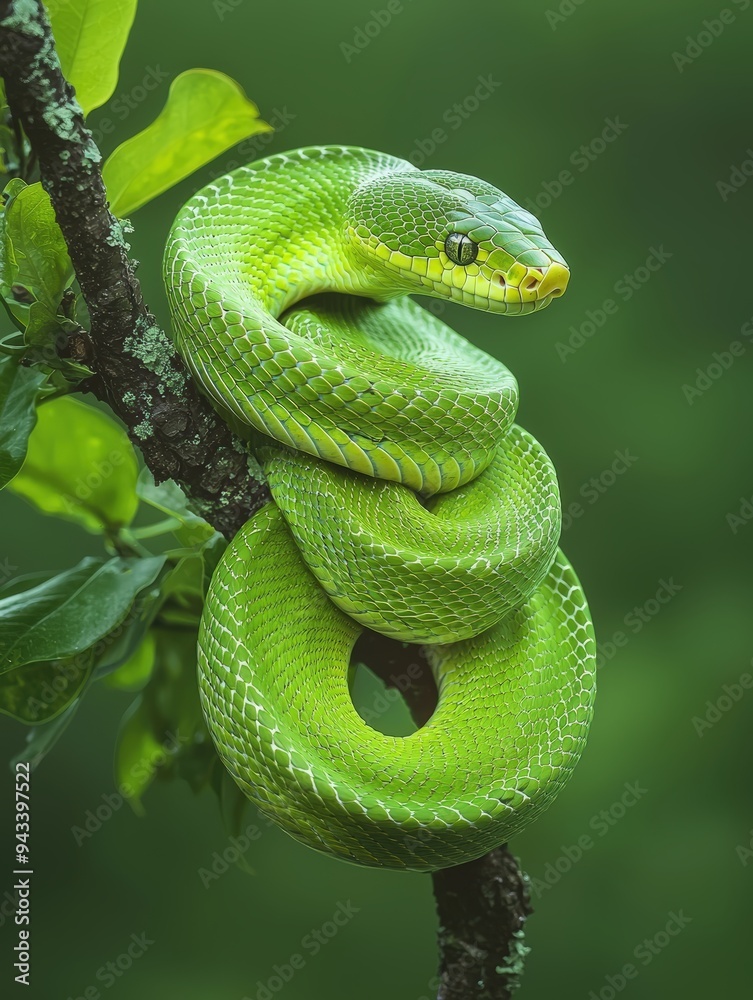Fototapeta premium Green snake curled on a branch