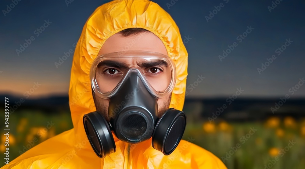 A Man in a Hazmat Suit and Gas Mask Standing Under a Starry Sky A Man in a Hazmat Suit and Gas Mask Standing Under a Starry Sky