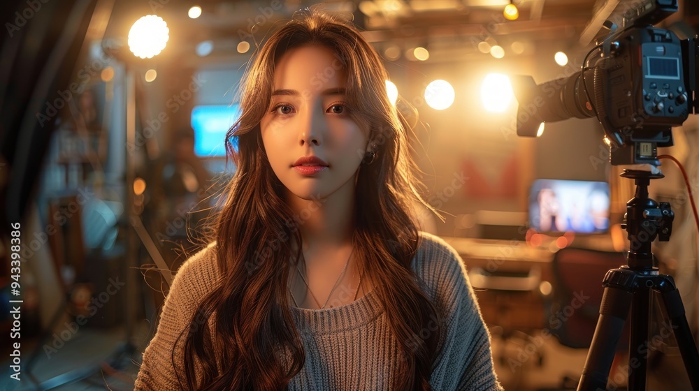 Young woman in cozy sweater poses confidently in a studio filled with warm lights at golden hour. Generative AI Young woman in cozy sweater poses confidently in a studio filled with warm lights at golden hour. Generative AI
