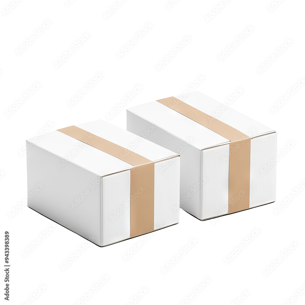 Two neatly packed white boxes with brown tape, perfect for shipping, storage, or organization in any environment. Two neatly packed white boxes with brown tape, perfect for shipping, storage, or organization in any environment.