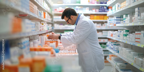 Pharmacist organizing medications in a modern pharmacy, creating a professional atmosphere. The shelves are stocked with pills, reflecting a commitment to health