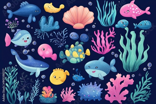 Big set with cute sea animals, shells, corals, seaweed. Kawaii sea life character elements. Generative Ai