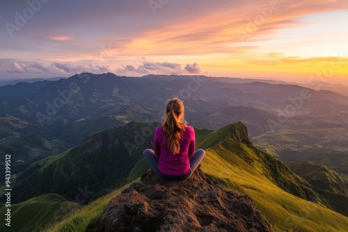 A person dressed in a pink long-sleeve, sits on a rugged mountain peak, taking in a breathtaking sunset over expansive mountains and valleys, reflecting tranquility and awe.