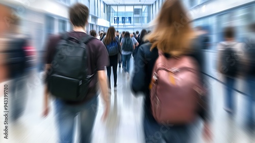 Blurred students walking in school hallway, backpacks, motion, fast movement, raw candid photography photo