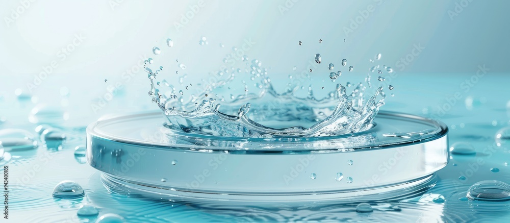 Empty circular glass podium placed on clear blue water with splashes in a mockup scene ideal for highlighting natural purity and a fresh feel of cosmetic product displayed in the copy space image