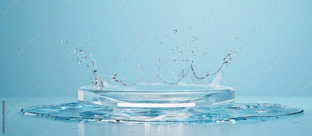 Empty circular glass podium placed on clear blue water with splashes in a mockup scene ideal for highlighting natural purity and a fresh feel of cosmetic product displayed in the copy space image