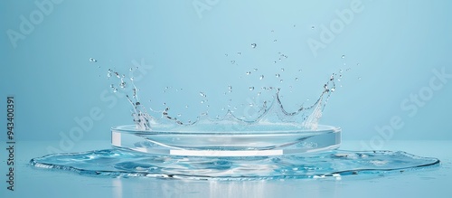 Obraz na płótnie Empty circular glass podium placed on clear blue water with splashes in a mockup scene ideal for highlighting natural purity and a fresh feel of cosmetic product displayed in the copy space image w salonie