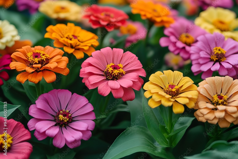A bed of vibrant zinnias in various colors, creating a lively and colorful garden scene A bed of vibrant zinnias in various colors, creating a lively and colorful garden scene