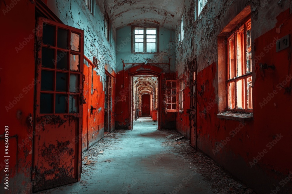 An eerie and abandoned corridor in a dilapidated building with peeling paint, broken windows, and multiple open doors creating a creepy and mysterious atmosphere. An eerie and abandoned corridor in a dilapidated building with peeling paint, broken windows, and multiple open doors creating a creepy and mysterious atmosphere.