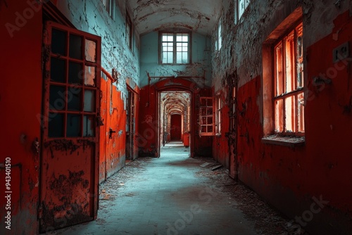 An eerie and abandoned corridor in a dilapidated building with peeling paint, broken windows, and multiple open doors creating a creepy and mysterious atmosphere.