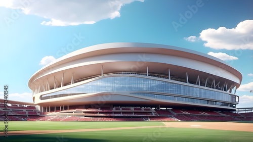 Field diamond daylight view of a grand baseball stadium with a contemporary public sport building in 3D render background.