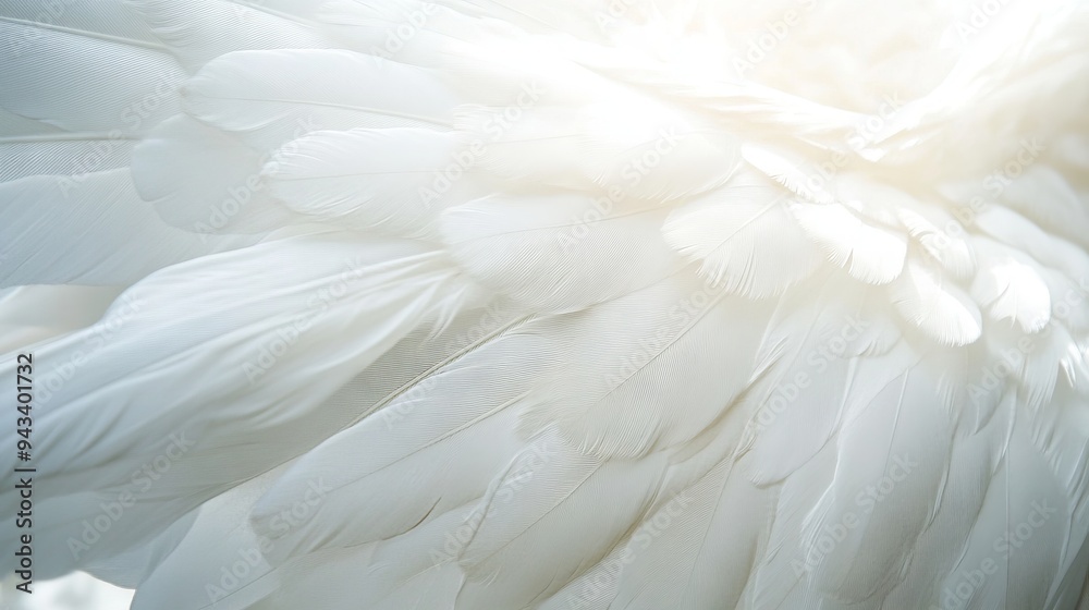 Obraz premium Closeup, white and feathers background for peace, calm and spirituality for God, religion and hope. Ai generated, feather and bird plumage for creative banner, texture or detail space for angel faith