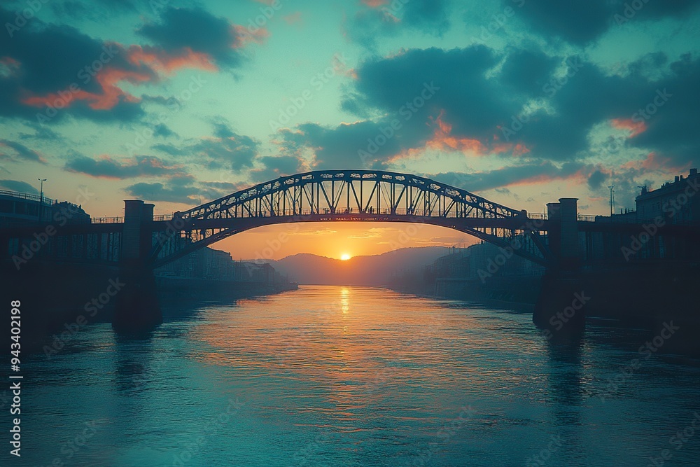Naklejka premium A bridge spanning a river, silhouetted against a pastel-colored sky