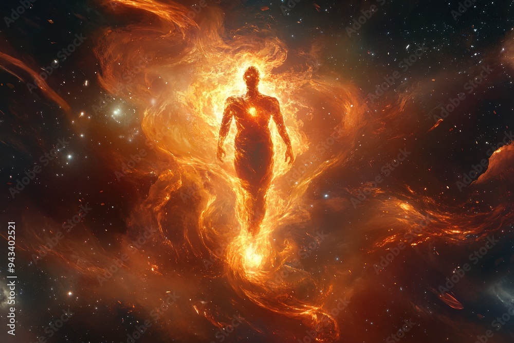 Fiery Humanoid Figure Floating in Deep Space Fiery Humanoid Figure Floating in Deep Space