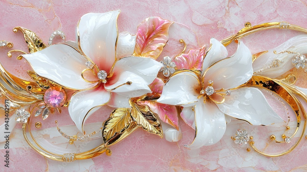 Intricate Metallic Baroque Floral Lily Wall Art with Golden Accents. Intricate Metallic Baroque Floral Lily Wall Art with Golden Accents.