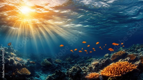 A group of fish swimming in the ocean with the sun shining on them