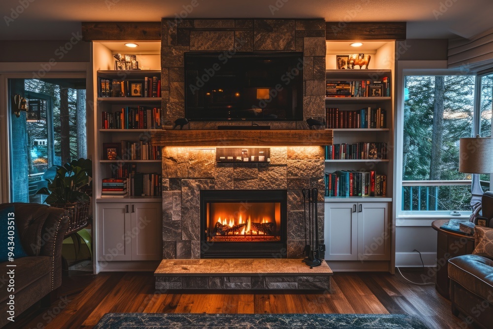 Luxurious Living Room Décor: Gas Fireplace, TV, Built-In Library, LED Lighting Luxurious Living Room Décor: Gas Fireplace, TV, Built-In Library, LED Lighting