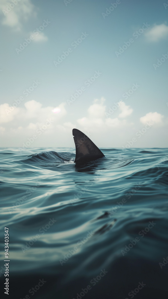 Fototapeta premium Shark fin breaking the surface of calm ocean waters under a clear sky, symbolizing danger and the unknown lurking beneath