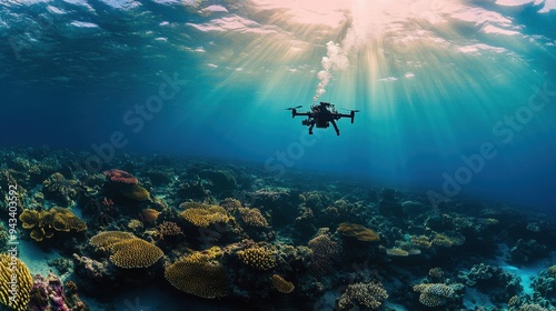 A drone is flying over a coral reef