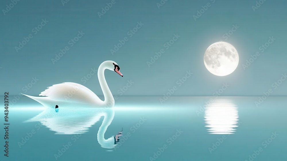 Fototapeta premium A peaceful, holographic swan gliding across a glowing, serene lake under a moonlit sky, Gentle reflections, Futuristic, Soft focus