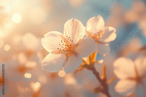 A close-up of a cherry blossom in full bloom, with the delicate pink petals illuminated by sunlight