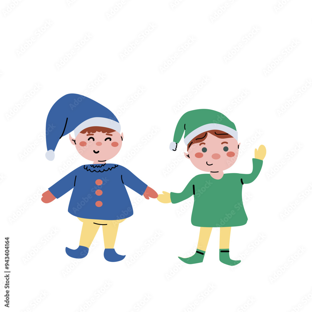 Childrens cute xmas elf characters, smiling persons in costumes. Happy holidays vector illustration. Christmas and new year flat cartoon celebration fairy character. Childrens cute xmas elf characters, smiling persons in costumes. Happy holidays vector illustration. Christmas and new year flat cartoon celebration fairy character.