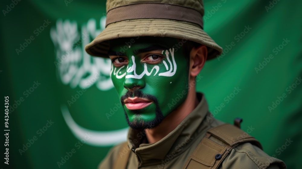 Soldiers with the Saudi Arabia flag painted on faces. Generative AI Soldiers with the Saudi Arabia flag painted on faces. Generative AI