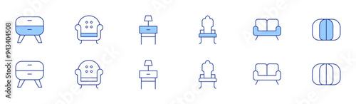 Home furniture icon set in two styles, Duotone and Thin Line style. Editable stroke. bedside table, armchair, chair, sofa, bean bag