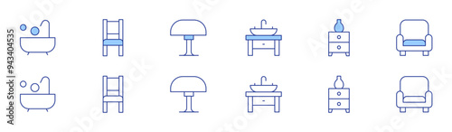 Home furniture icon set in two styles, Duotone and Thin Line style. Editable stroke. bathtub, chair, sink, lamp, cabinet, sofa