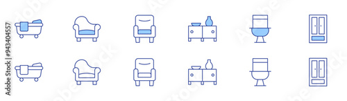 Home furniture icon set in two styles, Duotone and Thin Line style. Editable stroke. cabinet, bathtub, toilet, armchair, wardrobe