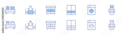 Home furniture icon set in two styles, Duotone and Thin Line style. Editable stroke. cabinet, chair, wardrobe, washing machine, vase