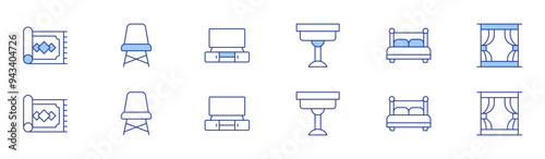 Home furniture icon set in two styles, Duotone and Thin Line style. Editable stroke. coffee table, carpet, chair, double bed, window, tv